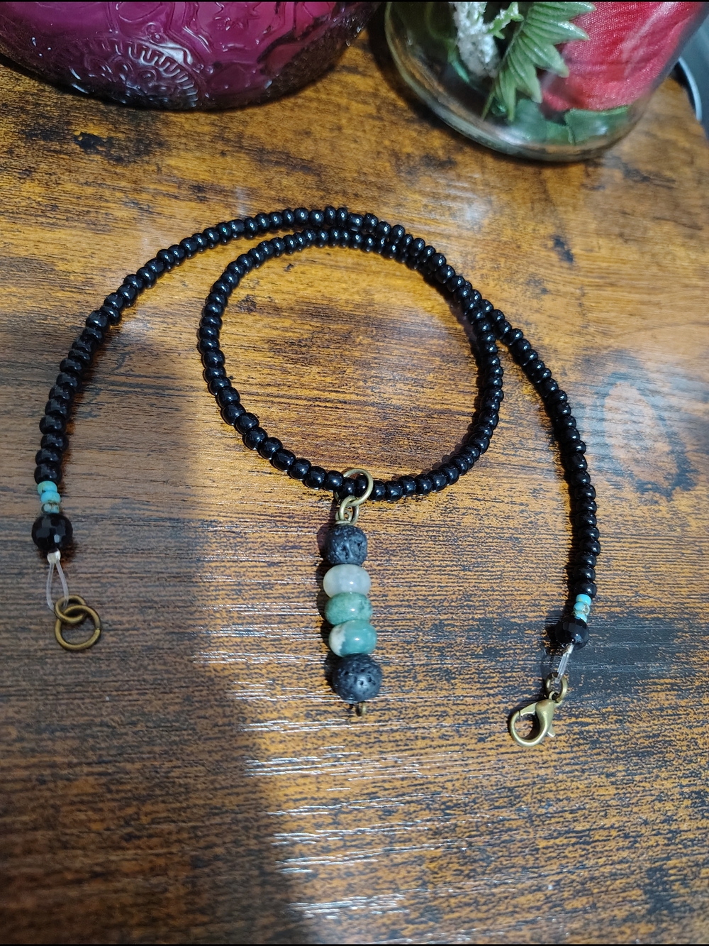 Black Beaded Men’s Necklace with Green Stone Accents, Handmade - Picture 2 of 6